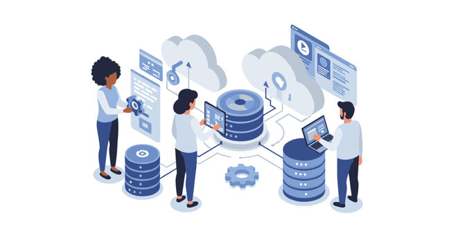 Cloud computing network vector illustration: data storage, technology concept for poster or design, isometric style