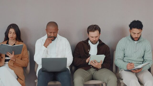 Recruitment, writing and people with tech in waiting room for interview, preparation or opportunity. Onboarding, HR office and candidates in row for application process, internship hiring and queue