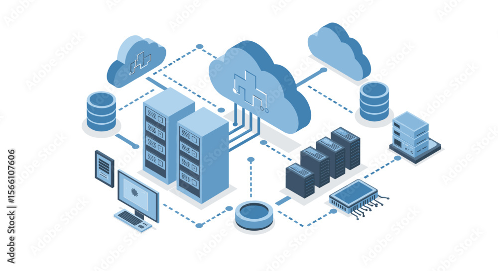 Poster cloud computing network concept vector illustration in isometric style for technology design