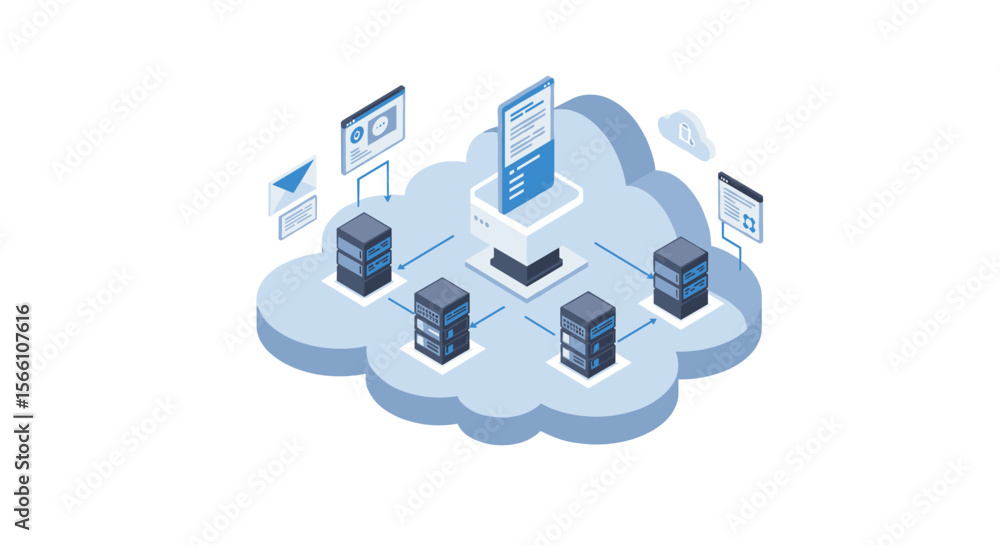 Poster cloud computing systems vector illustration – technology concept in isometric style for digital desi