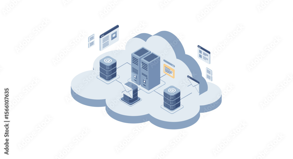 Poster cloud computing network vector illustration in isometric style for digital data management design