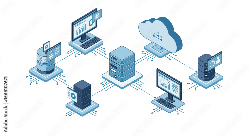 Poster isometric server network vector illustration for cloud computing and data management design