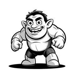 Obraz premium Strong cartoon ork character with a playful grin stands confidently, showcasing muscular arms in a bold pose