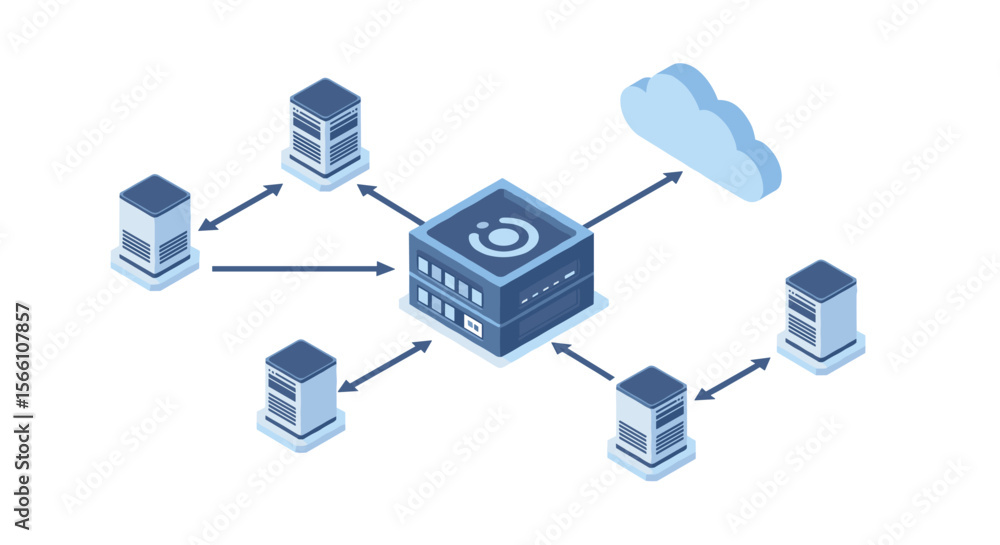 Poster cloud networking data system isometric vector illustration for technology design