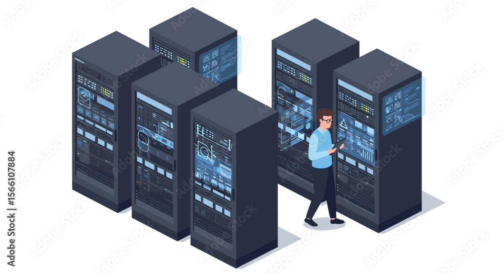 Poster data center technology vector illustration: isometric design for it infrastructure and network manag