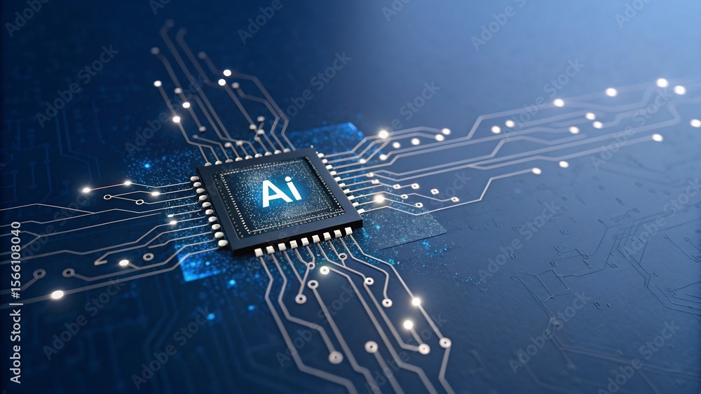 Poster a microchip glows with the letters ai, symbolizing artificial intelligence technology