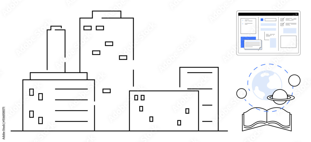 Poster urban buildings in line style coupled with an open book, a planetary system, and a webpage layout. i