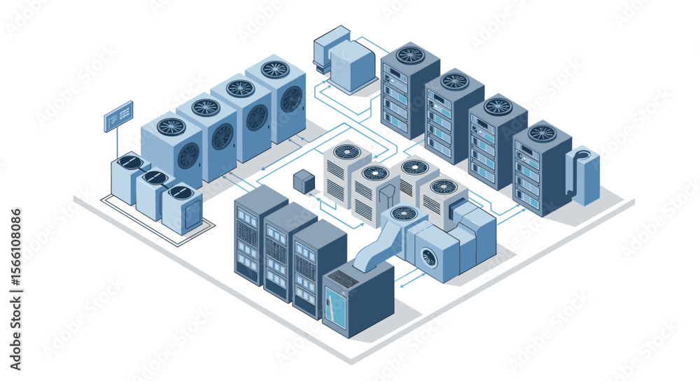 Aufkleber isometric data center cooling system vector illustration for tech design
