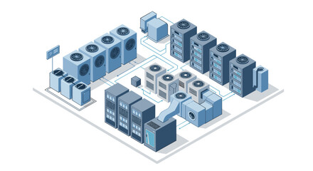 Isometric data center cooling system vector illustration for tech design
