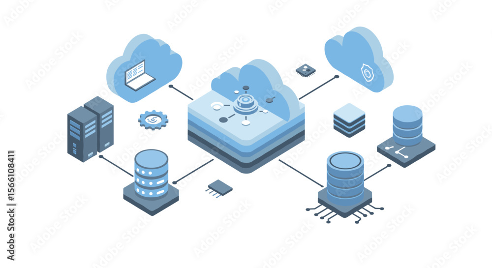 Poster cloud computing network architecture vector illustration for design in isometric style