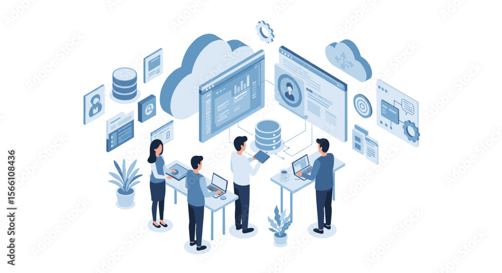 Poster isometric cloud computing concept vector illustration for technology design