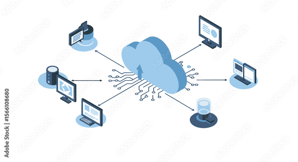 Poster cloud computing network concept vector illustration for it and digital solutions in isometric style