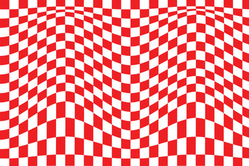 Psychedelic checkerboard background. Retro wavy checkered wallpaper with a groovy distorted pattern. Abstract red and white vector design. Pattern abstract wave checkerboard background. eps 10