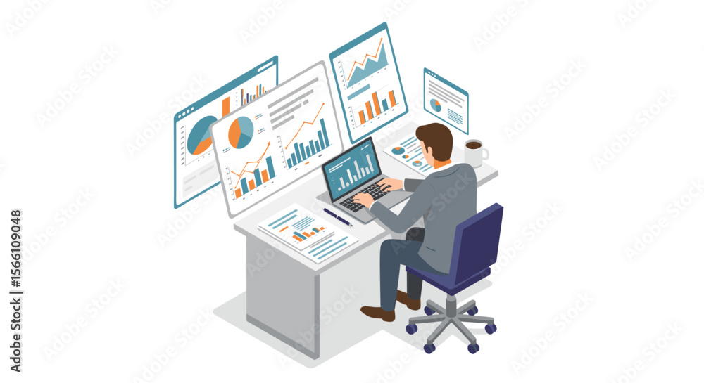 Poster business analysis and data analytics vector illustration in isometric style for design and print