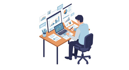 Business analysis concept vector illustration: modern office desk, design for print, poster, flat style