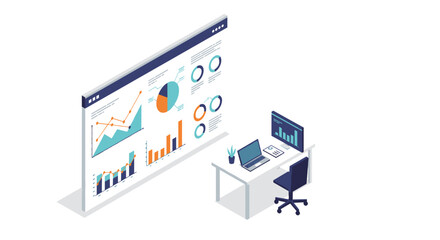 Isometric office workspace with data visualization vector illustration for business analytics design