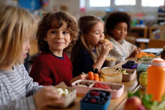 Group of cheerful children eating healthy lunches with fruits, vegetables, and sandwiches in colorful lunchboxes at a school table, highlighting balanced nutrition, social bonding, and joyful