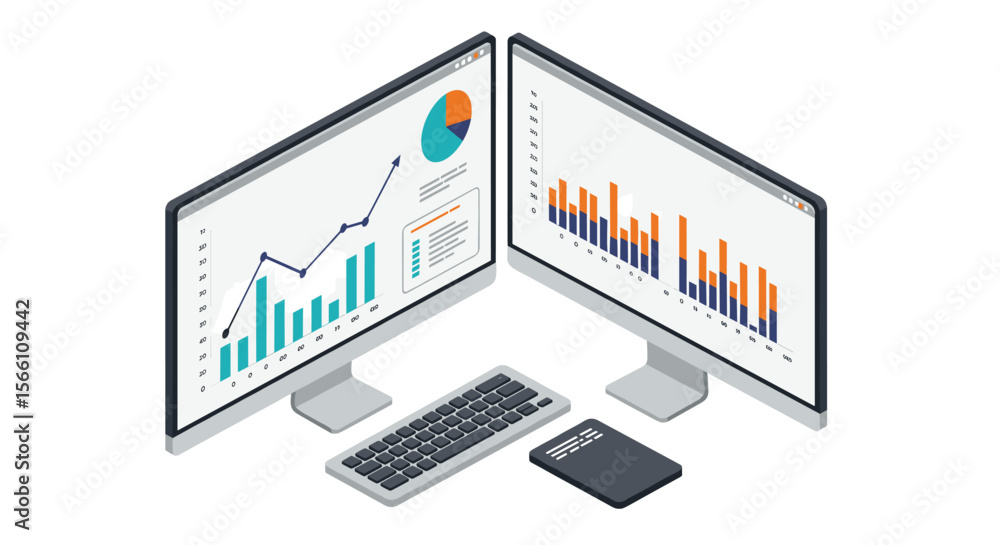 Poster isometric vector illustration of data analysis with dual monitors and graphs for business design