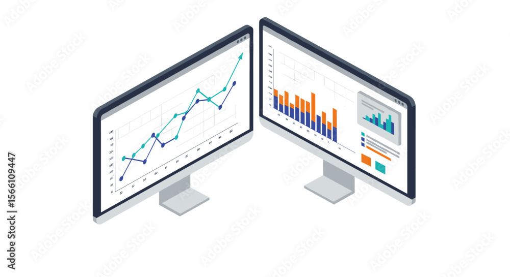 Poster isometric vector illustration of data analytics on dual monitors for business reports and analysis d