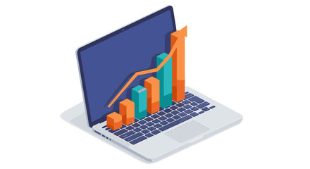 Isometric bar graph on laptop screen vector illustration for financial growth analysis
