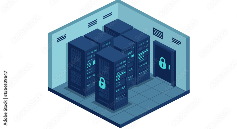 Poster isometric data center security vector illustration for network and it design