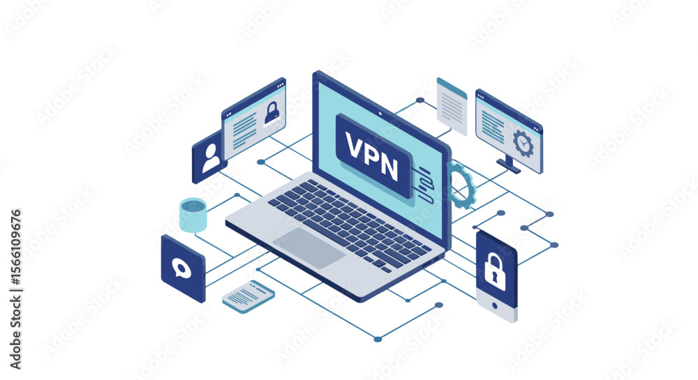 Poster isometric cybersecurity concept with vpn technology for secure digital communication - vector illust
