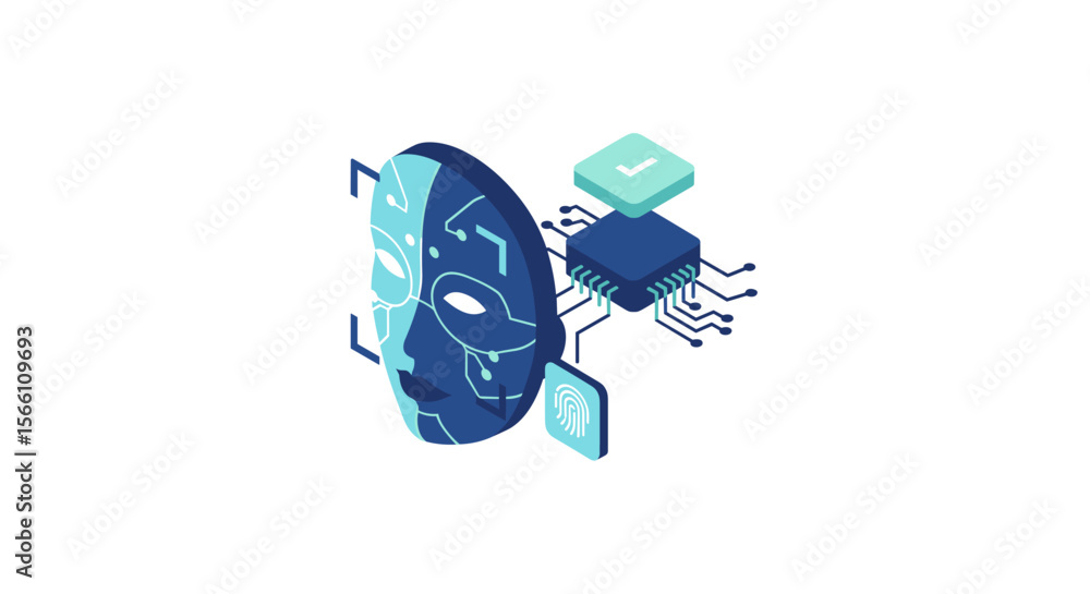 Poster futuristic artificial intelligence face recognition vector illustration in isometric style for techn