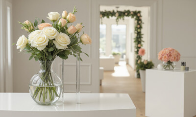Wedding Elegance (Roses Gardenias Ranunculus) tall, sculpted glass vase with water refracting soft gold hues, holding a timeless