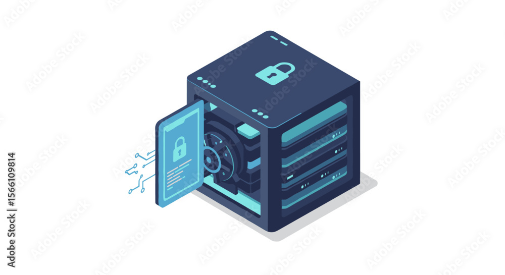 Poster secure server technology vector illustration for digital security and data management in isometric s