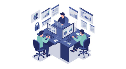 Isometric office workspace vector illustration for business analytics and teamwork design