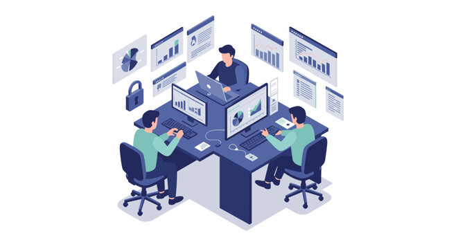 Isometric office workspace vector illustration for business analytics and teamwork design