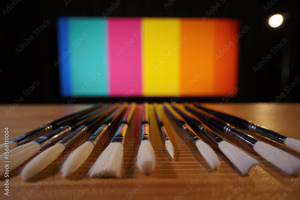 Aufkleber a collection of paintbrushes arranged in a row with a colorful background in the distance view