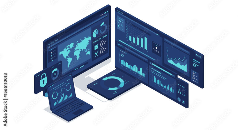 Poster data analysis dashboard vector illustration for digital design with isometric style