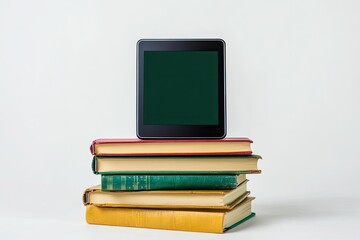 Pixel Perfect Image of Portable Ebook and Stack of Hardcover Books on White Background