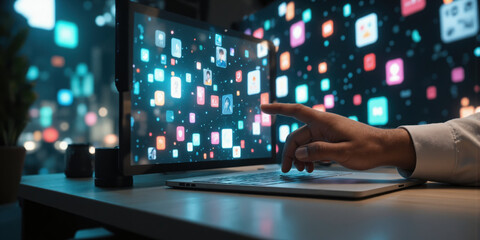 Network Computer User: Hand interacts with social network app at desk late night.