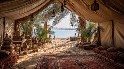 Beige Tent Interior Overlooking Sandy Beach and Calm Water