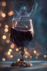 Red Wine in Ornate Glass with Blue Bokeh Lights