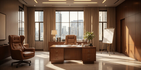 Modern law office with a leather desk chair, oak desk, and brass floor lamps. Add a whiteboard for strategic meetings