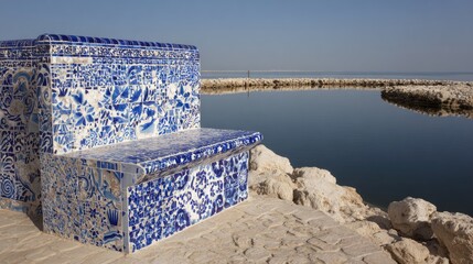 Blue And White Mosaic Bench By The Seaside
