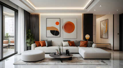 Bright interior featuring abstract wall art, sculptural lighting, and soft furnishings