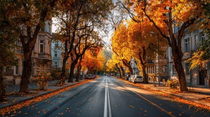 Autumnal street lined with colorful trees.