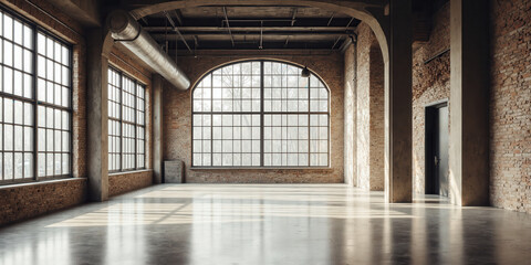 Industrial Loft Brick Wall Windows Empty industrial loft room with brick walls and sunlight