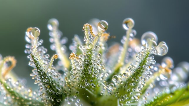 Extreme Close Up of Cannabis Bud Trichomes Showcasing Resin Droplets and Detailed Mushroom Shapes in Lab Setting