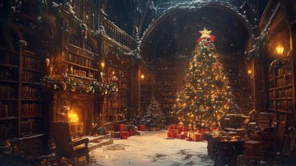 Naklejka premium Christmas tree in library decor