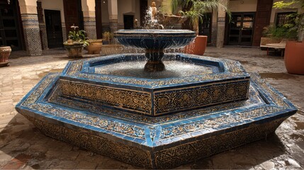 Blue Ornamental Fountain in a Moroccan Courtyard