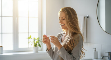 A pregnant woman holding a pregnancy test with a joyful expression. The concept of early motherhood, new beginnings, and the emotional moment of discovering pregnancy. Generative AI.