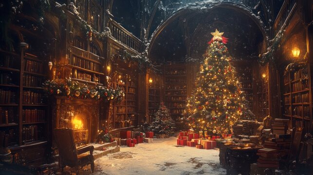 Christmas tree in library decor - Powered by Adobe