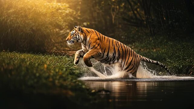 Powerful Tiger Leaping Across Jungle River in Golden Hour Slow Motion