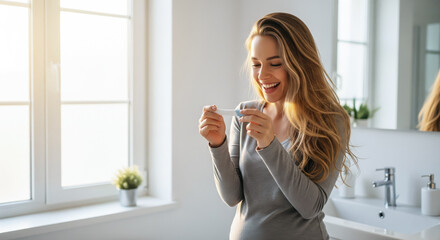 A pregnant woman holding a pregnancy test with a joyful expression. The concept of early motherhood, new beginnings, and the emotional moment of discovering pregnancy. Generative AI.
