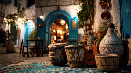 Blue-Toned Night Scene in a Moroccan Street with Drums and Pottery